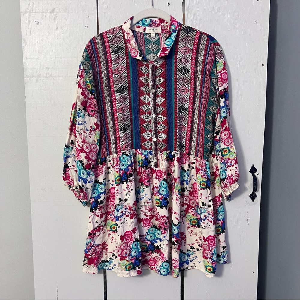 Umgee Multicolor Floral Lightweight 3/4 Sleeve Tunic Top Bohemian Floral Dress M